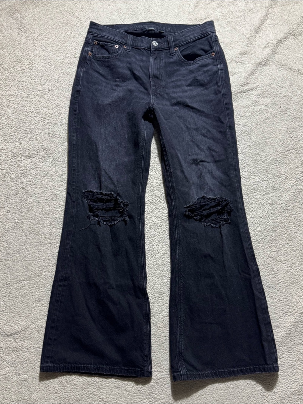 American Eagle Jeans Womens 2 Short Black Denim Distressed Low Rise Baggy Flare